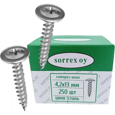 Саморез по металлу SORREX 4,2x13 острый, клоп строительный с пресс-шайбой оцинкованный, маленький шуруп с широкой шляпкой для профиля, гипсокартона, панелей, тонких пластин, 250 шт. SL-1-042-013 250