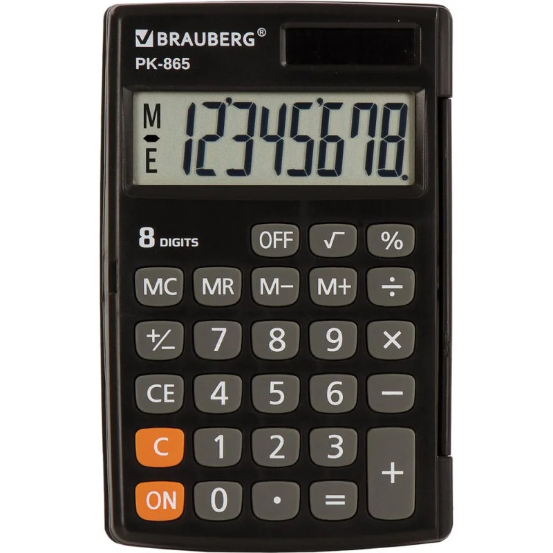 Карманный калькулятор BRAUBERG PK-865-BK 120x75 мм, 8 разрядов, двойное питание, черный 250524