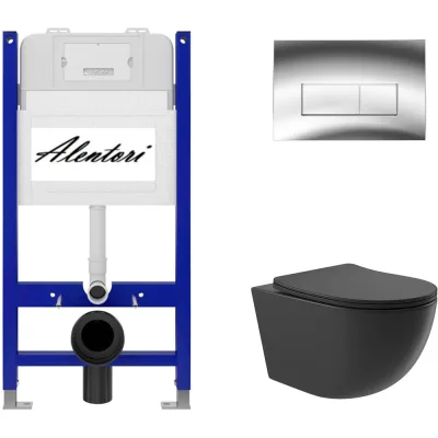 Комплект Alentori: инсталляция для унитаза SISTEMA 50 AL.SIS33T с клавишей смыва CHIAVE H, хром глянец AL.CHI202CH + унитаз 525x360 безободковый, Soft-Close, черный матовый, форма овал AL.SIS33TAL.CHI202CHO0140