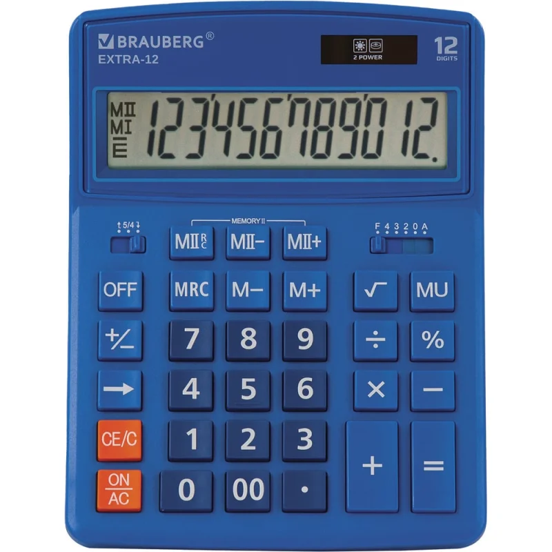 Настольный калькулятор BRAUBERG EXTRA-12-BU 206x155 мм, 12 разрядов, двойное питание, синий 250482