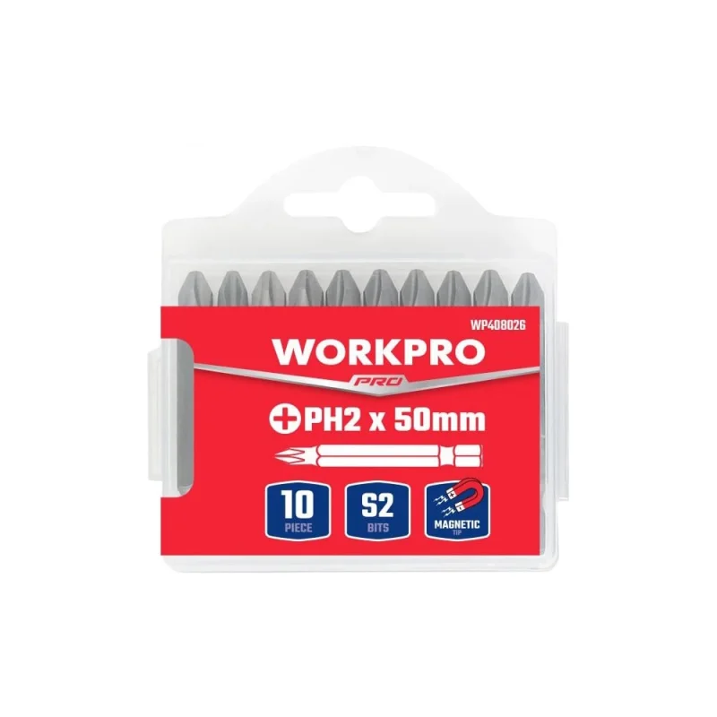 Набор ударных бит Workpro PRO IMPACT PH2, 50мм -10шт (сталь S2, хвостовик HEX 1/4) WP408039