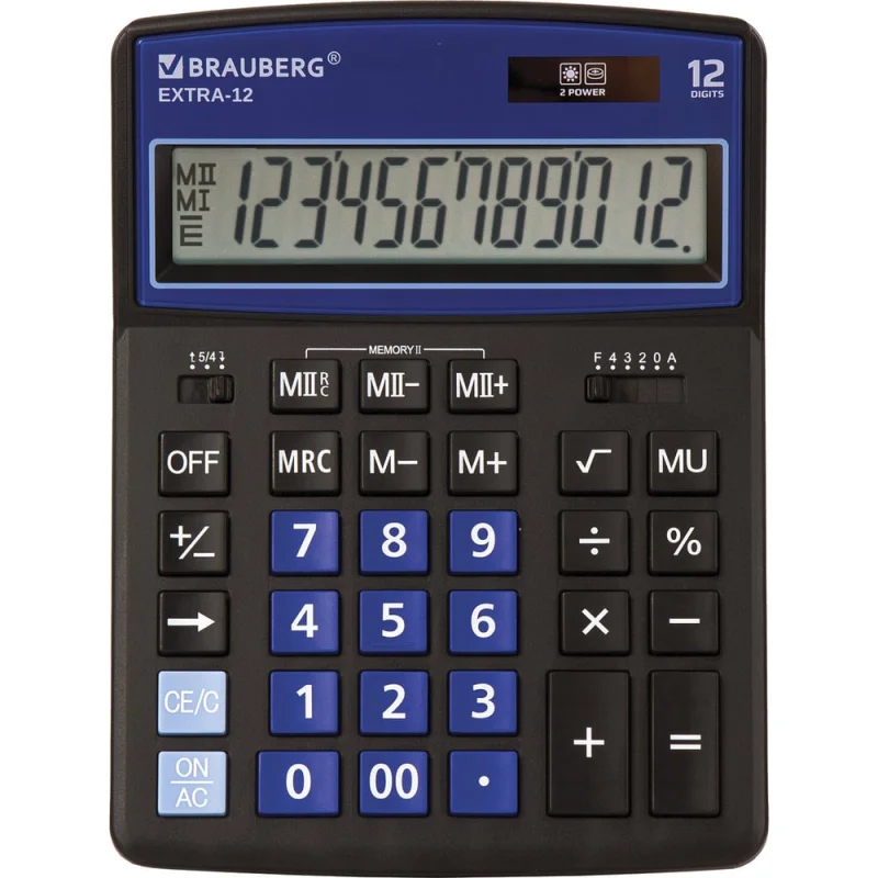 ΠΠ°ΡΡΠΎΠ»ΡΠ½ΡΠΉ ΠΊΠ°Π»ΡΠΊΡΠ»ΡΡΠΎΡ BRAUBERG EXTRA-12-BKBU 206x155 ΠΌΠΌ, 12 ΡΠ°Π·ΡΡΠ΄ΠΎΠ², ΡΠ΅ΡΠ½ΠΎ-ΡΠΈΠ½ΠΈΠΉ 250472