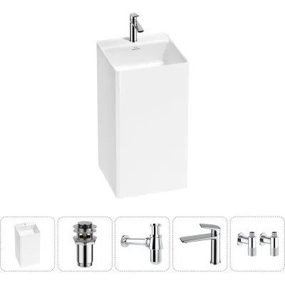 Напольная раковина отдельно стоящая Wellsee Pure BY в наборе 5 в 1, раковина-моноблок из акрила, цвет белый глянец 20213262R