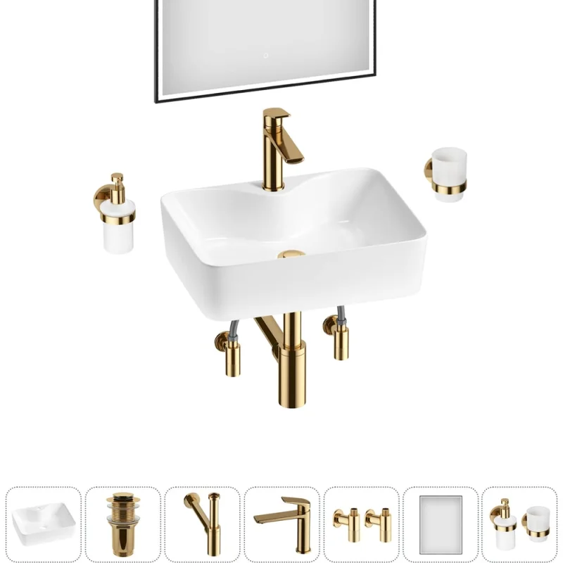 Комплект 7 в 1 Wellsee Bathroom Sink накладная раковина 48x37 см состоит из 3331110 20219351R