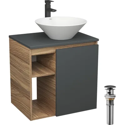 Тумба Bauedge Bau Dream Blackwood 60 правая, графит, раковина BAU Dream D43, смеситель для раковины высокий Hotel Black, черный, выпуск клик клак черный SD4260