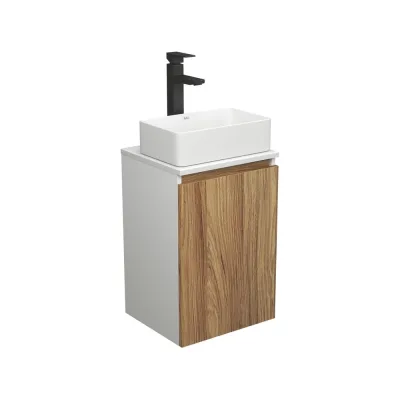 Комплект для ванной Bauedge 3 предмета (тумба Bau Dream Blackwood 40 + раковина BAU Hotel mini 37x23, белая, смеситель высокий Hotel Black) BD1591