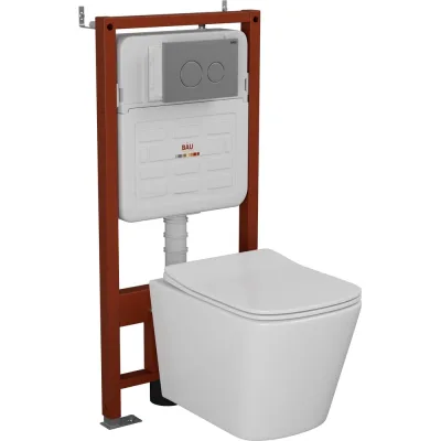 Комплект Bauedge BAU 6 в 1: усиленная инсталляция BAU IDEAL, унитаз подвесной безободковый Bau Stil 51х35, сиденье дюропласт микролифт, клавиша BAU Wheel антивандальная, нерж. сталь брашированная E458103-BS0002-E00118