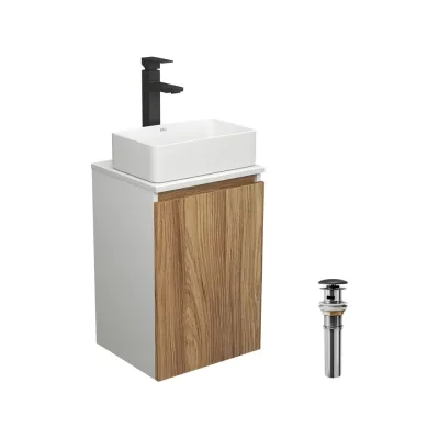Комплект для ванной Bauedge 4 предмета (тумба Bau Dream 40 + раковина BAU 37x23, белая + смеситель Hotel Black, выпуск клик-клак, черный) BD1598