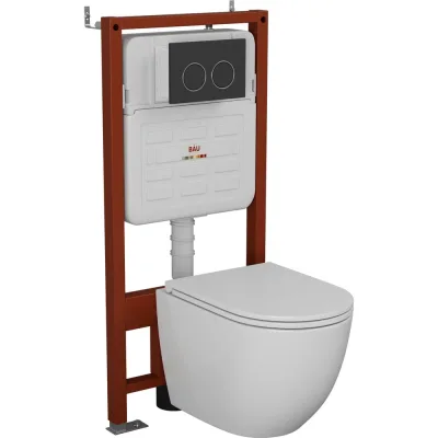 Комплект 6 в 1 Bauedge BAU усиленная инсталляция BAU IDEAL, унитаз подвесной безободковый торнадо обратного потока Bau Dream 52х36 Hurricane-2, сиденье дюропласт E458103-BL0001-HQ2-E00115