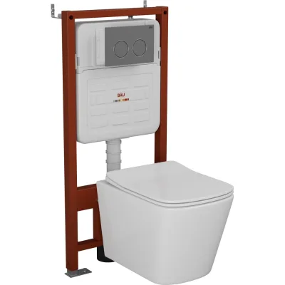 Комплект Bauedge BAU 6 в 1: усиленная инсталляция BAU IDEAL, унитаз подвесной безободковый Bau Stil 51х35, сиденье дюропласт микролифт, клавиша BAU Round Gun gray, серый металлик E458103-BS0002-E00114