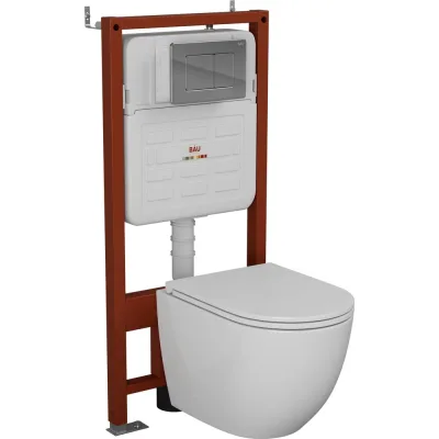 Комплект 6 в 1 Bauedge BAU усиленная инсталляция BAU IDEAL, унитаз подвесной безободковый вихревой Bau Dream Hurricane3, сиденье дюропласт микролифт, клавиша E458103-BL0001-HQ3-E00105