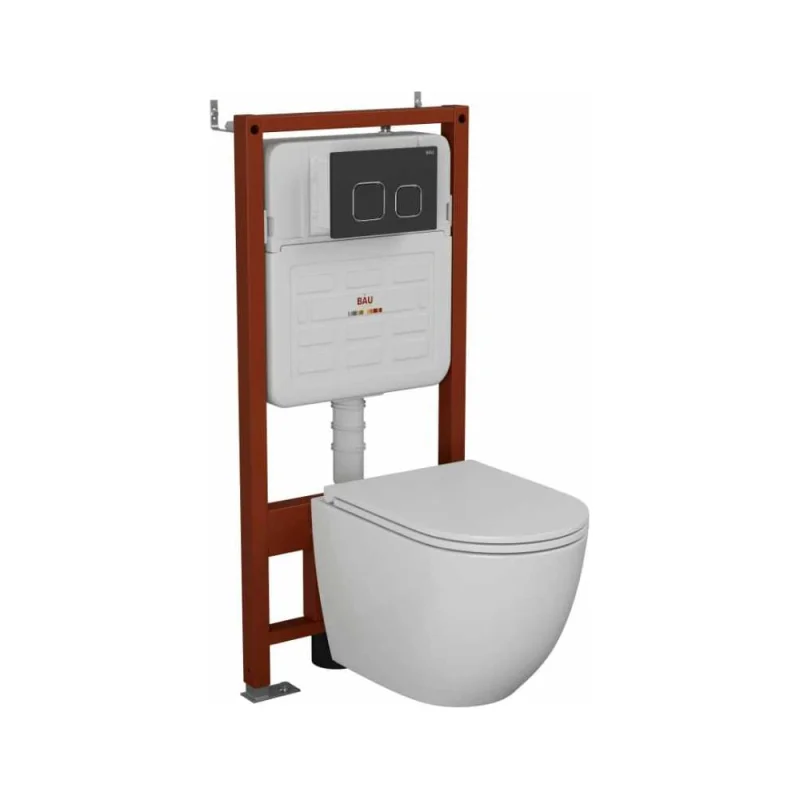 Комплект 6 в 1 Bauedge BAU усиленная инсталляция BAU IDEAL, унитаз подвесной безободковый торнадо обратного потока Bau Dream 52х36 Hurricane-2, сиденье дюропласт E458103-BL0001-HQ2-E00103