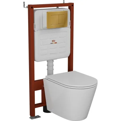 Комплект 6 в 1 Bauedge BAU усиленная инсталляция BAU IDEAL, унитаз подвесной безободковый вихревой Bau Nimb Hurricane3, сиденье дюропласт микролифт, клавиша E458103-BK0001-HQ3-E00108