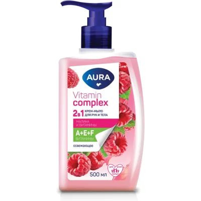 Мыло жидкое AURA Vitamin Complex 2в1 для рук и тела, 500 мл, Малина и витамины, дозатор, ш/к 18174 702049