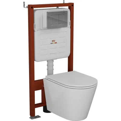 Комплект 6 в 1 Bauedge BAU усиленная инсталляция BAU IDEAL, унитаз подвесной безободковый вихревой Bau Nimb Hurricane3, сиденье дюропласт микролифт, клавиша E458103-BK0001-HQ3-E00105