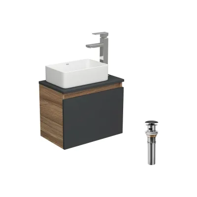 Комплект для ванной Bauedge 4 предмета (тумба Bau 50, графит + раковина BAU Hotel mini 37x23 + смеситель Hotel Still, выпуск клик-клак, черный) BD1972