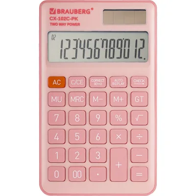 Калькулятор карманный BRAUBERG CX-102C-PK (76x126мм), 12 разрядов, двойное питание, розовый 272650
