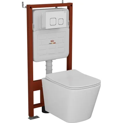 Комплект Bauedge BAU 6 в 1: усиленная инсталляция BAU IDEAL, унитаз подвесной безободковый Bau Stil 51х35, сиденье дюропласт микролифт, клавиша BAU Strike, белая/хром E458103-BS0002-E00104