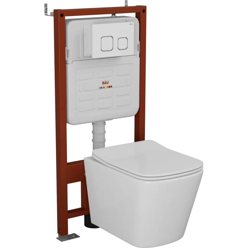 Комплект Bauedge BAU 6 в 1: усиленная инсталляция BAU IDEAL, унитаз подвесной безободковый Bau Stil 51х35, сиденье дюропласт микролифт, клавиша BAU Strike, белая/хром E458103-BS0002-E00104