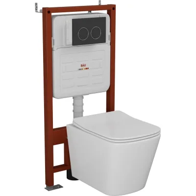 Комплект Bauedge BAU 6 в 1: усиленная инсталляция BAU IDEAL, унитаз подвесной безободковый Bau Stil 51х35, сиденье дюропласт микролифт, клавиша BAU Round, черная матовая E458103-BS0002-E00115