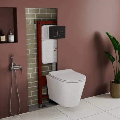 Комплект Bauedge BAU 6 в 1: усиленная инсталляция BAU IDEAL, унитаз подвесной безободковый Bau Nimb Hurricane смыв торнадо, быстросъемное тонкое сиденье дюропласт микролифт, клавиша BAU Strike, черная матовая E458103-BK0001-HQ-E00103