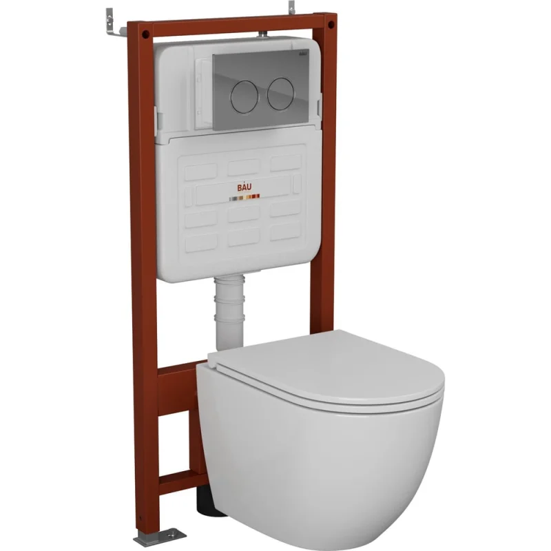 Комплект 6 в 1 Bauedge BAU усиленная инсталляция BAU IDEAL, унитаз подвесной безободковый торнадо обратного потока Bau Dream 52х36 Hurricane-2, сиденье дюропласт E458103-BL0001-HQ2-E00113