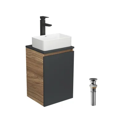 Комплект для ванной Bauedge 4 предмета (тумба Bau 40, графит + раковина BAU Hotel mini 37x23 + смеситель Hotel Black, выпуск клик-клак, черный) BD1935