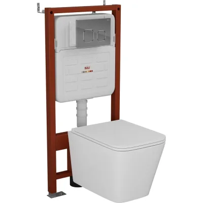 Комплект 6 в 1 Bauedge BAU усиленная инсталляция BAU IDEAL, унитаз подвесной безободковый торнадо обратного потока Bau Stil 52х36 Hurricane-2, сиденье дюропласт E458103-BS0001-HQ2-E00101