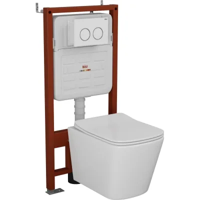 Комплект Bauedge BAU 6 в 1: усиленная инсталляция BAU IDEAL, унитаз подвесной безободковый Bau Stil 51х35, сиденье дюропласт микролифт, клавиша BAU Round, белый/хром E458103-BS0002-E00116