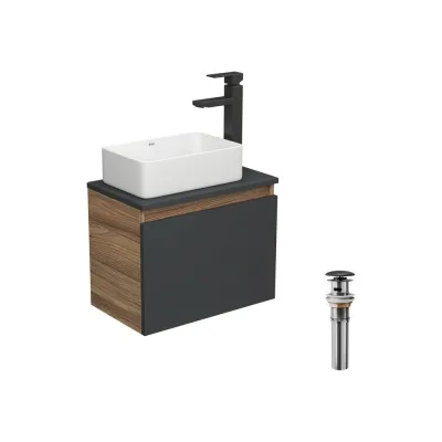 Комплект для ванной Bauedge 4 предмета (тумба Bau 50, графит + раковина BAU Hotel mini 37x23 + смеситель Hotel Black, выпуск клик-клак, черный) BD1975