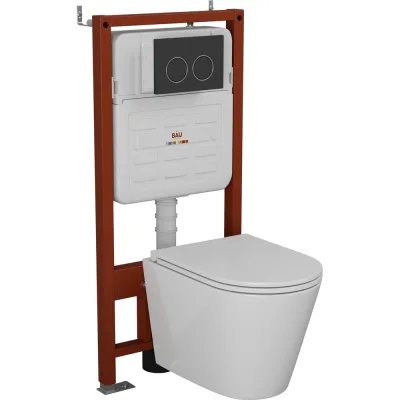 Комплект 6 в 1 Bauedge BAU усиленная инсталляция BAU IDEAL, унитаз подвесной безободковый вихревой Bau Nimb Hurricane3, сиденье дюропласт микролифт, клавиша E458103-BK0001-HQ3-E00115