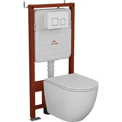Комплект 6 в 1 Bauedge BAU усиленная инсталляция BAU IDEAL, унитаз подвесной безободковый торнадо обратного потока Bau Dream 52х36 Hurricane-2, сиденье дюропласт E458103-BL0001-HQ2-E00104