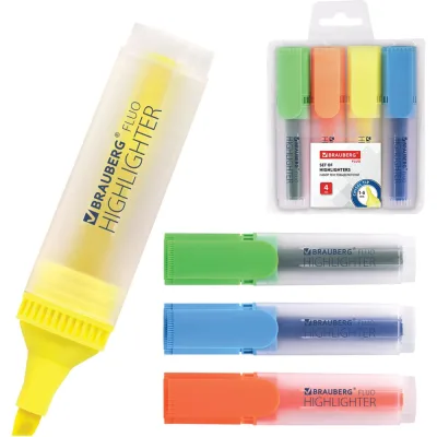 Набор текстовыделителей BRAUBERG FLUO 4 шт, ассорти, линия 1-5 мм 150403