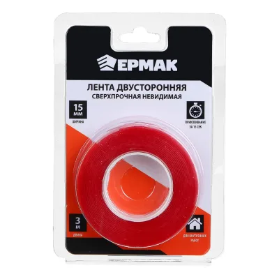 Лента двусторонняя сверхпрочная ЕРМАК невидимая 15 мм, 3 м 472-034