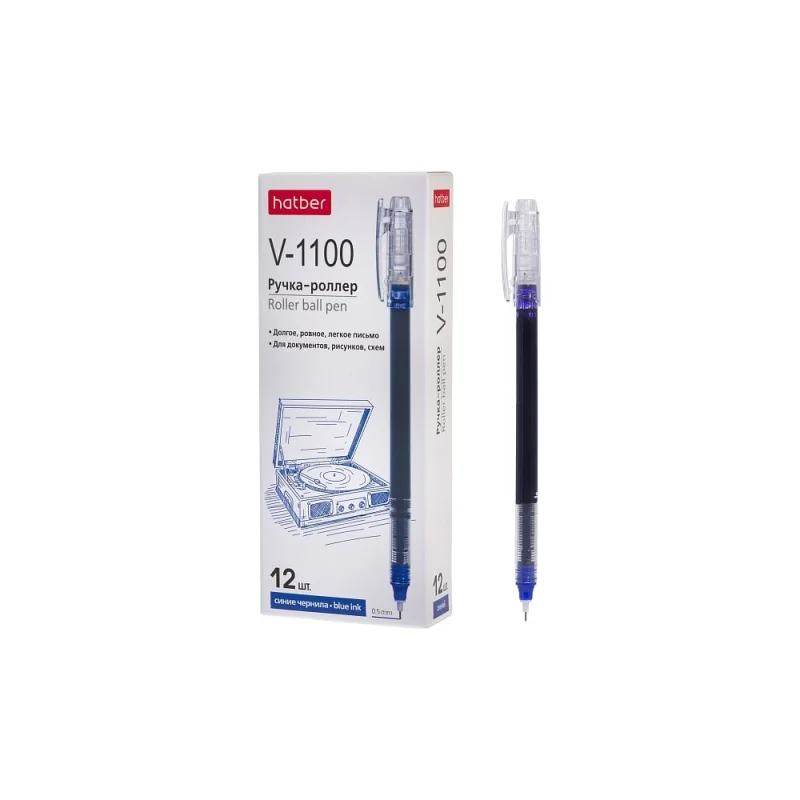 РУЧКА Hatber-Роллер Hatber V-1100 Синяя 0,5мм 12 шт. в картонной короб 085063