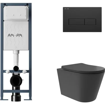 Комплект AM.PM I012711.0338 ErgoFit инсталляция для подвес унитаза с клавишей ErgoFit M пластик, черный матовый + Унитаз подвесной Long 520х365 безободковый, Vortex, сиденье Soft-Close, черный матовый, форма конус I012711.0338CV0240