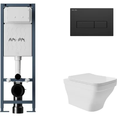 Комплект AM.PM I012711.0338 ErgoFit инсталляция для подвес унитаза с клавишей ErgoFit M пластик, черный матовый + Унитаз подвесной 520х370 безободковый, сиденье Soft-Close, белый глянцевый, форма квадрат с выступом I012711.0338E0110