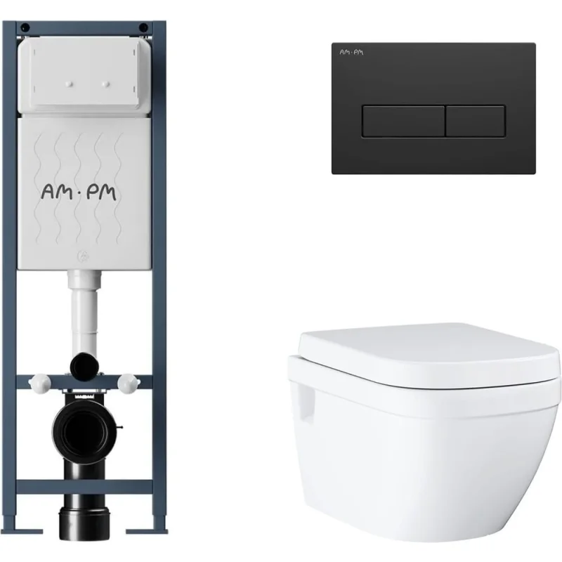 Комплект AM.PM I012711.0338 ErgoFit инсталляция для подвес унитаза с клавишей ErgoFit M пластик, черный матовый + Унитаз GROHE Euro Ceramic подвесной с сиденьем с микролифтом, альпин-белый (39703000) I012711.033839703000