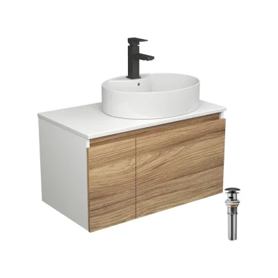 Комплект для ванной Bauedge 4 предмета (Тумба подвесная Bau Blackwood 80 + Раковина BAU 51x41, с отв. под см-ль + Смеситель Hotel Black, выпуск черный) BD2599