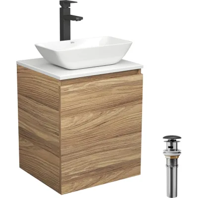 Тумба Bauedge Bau Dream Blackwood 50 с дверцей, раковина BAU Spectrum mini 47x24, черный смеситель для раковины высокий Hotel Black, выпуск клик клак черный SD3027