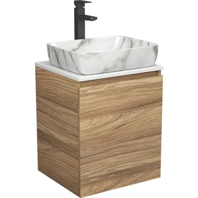 Тумба Bauedge Bau Dream Blackwood 50 с дверцей, раковина BAU Hotel, мрамор, смеситель для раковины высокий Hotel Black, черный SD3077