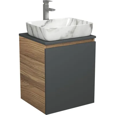 Тумба Bauedge Bau Dream Blackwood 50 графит, раковина BAU Hotel, мрамор, смеситель для раковины высокий Hotel Still, нержавеющая сталь SD4078