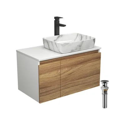 Комплект для ванной Bauedge 4 предмета (тумба Bau Dream 80 + раковина BAU 51x39, мрамор + смеситель Hotel Black, выпуск клик-клак, черный) BD1808
