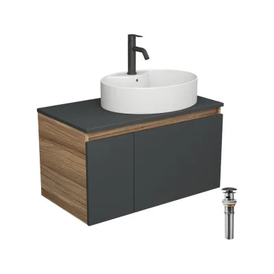 Комплект для ванной Bauedge 4 предмета (Тумба подвесная Blackwood 80 графит + Раковина BAU 51x41, с отв. под см-ль + Смеситель Dream Black, выпуск черный) BD2766