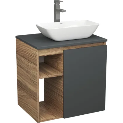 Тумба Bauedge Bau Dream Blackwood 60 правая, графит, раковина BAU Spectrum mini 47х24 смеситель для раковины высокий Hotel Still, нержавеющая сталь SD4212