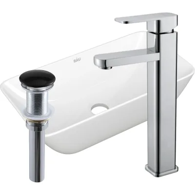 Раковина прямоугольная накладная со смесителем и выпуском Bauedge BAU mini (47x24, белая + смеситель Hotel Still, нер. сталь, выпуск клик-клак черный) BH1094