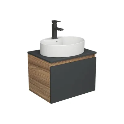Комплект для ванной Bauedge 3 предмета (тумба подвесная Bau Blackwood 60 графит + раковина BAU 51x41, с отв. под см-ль, смеситель Hotel Black, черный) BD2678