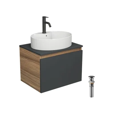Комплект для ванной Bauedge 4 предмета (Тумба подвесная Blackwood 60 графит + Раковина BAU 51x41, с отв. под см-ль + Смеситель Dream Black, выпуск черный) BD2689
