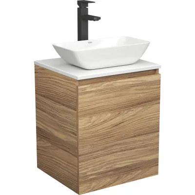 Тумба Bauedge Bau Dream Blackwood 50 с дверцей, раковина BAU Spectrum mini 47x24, черный смеситель для раковины высокий Hotel Black SD3023