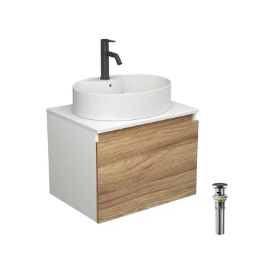 Комплект для ванной Bauedge 4 предмета (тумба подвесная Bau Blackwood 60 + раковина BAU 51x41, с отв. под см-ль + смеситель Dream Black, выпуск черный) BD2525